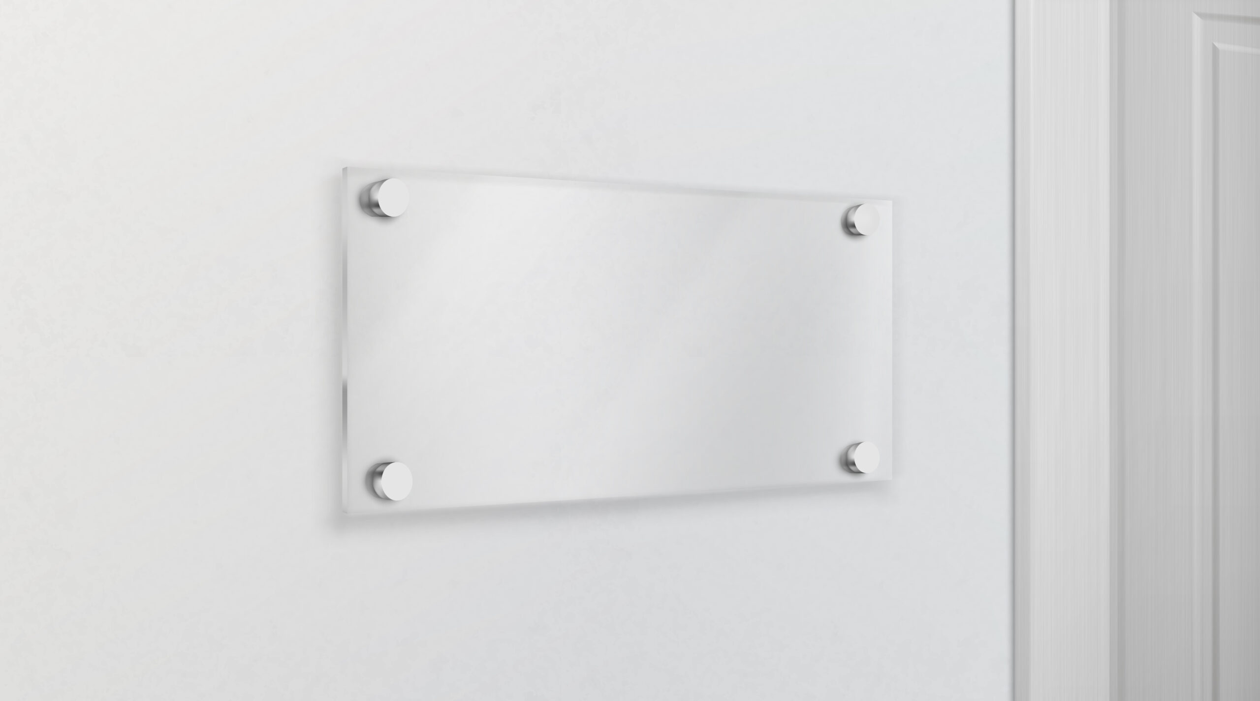 Empty glass name plate bolted to wall near doorway. Poster, banner empty holder, picture transparent frame mock-up. Office, exhibition gallery interior design element 3d realistic vector illustration